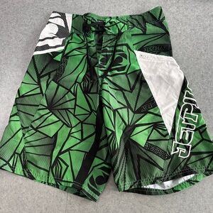 Men's Board Shorts, Swim Shorts — Green & White Geometric Print